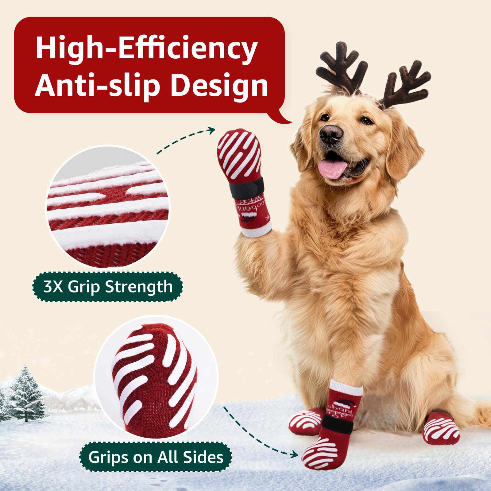 LOOBANI Christmas dog socks with Velcro straps show secure, adjustable fastening.
