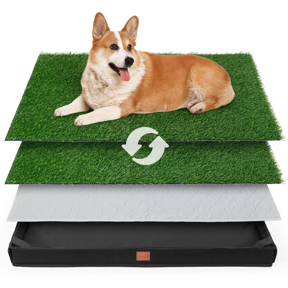 LOOBANI dog grass pad tray 19x24 inches demonstrates compact potty training setup.
