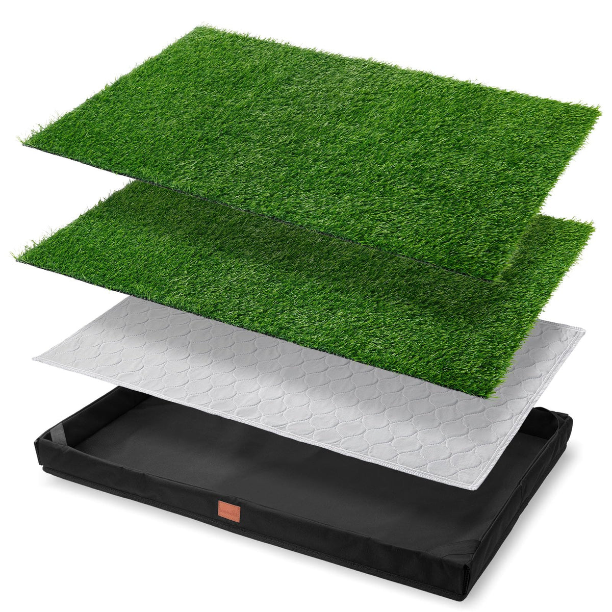 LOOBANI dog grass pad with tray, front view, portable potty training solution.