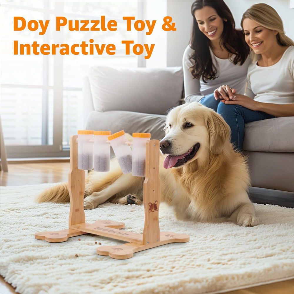LOOBANI dog puzzle toy bottles balanced and dispensing treats during interactive play.