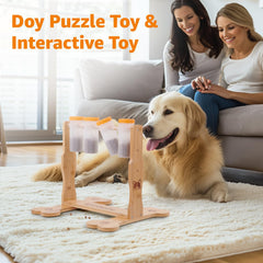 LOOBANI dog puzzle toy bottles balanced and dispensing treats during interactive play.