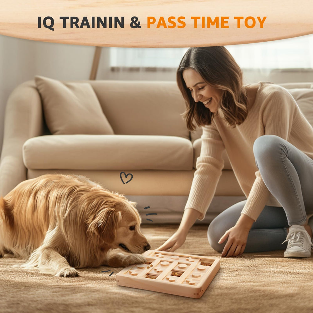 LOOBANI wooden slide panel reveals treats while sharpening dog focus
