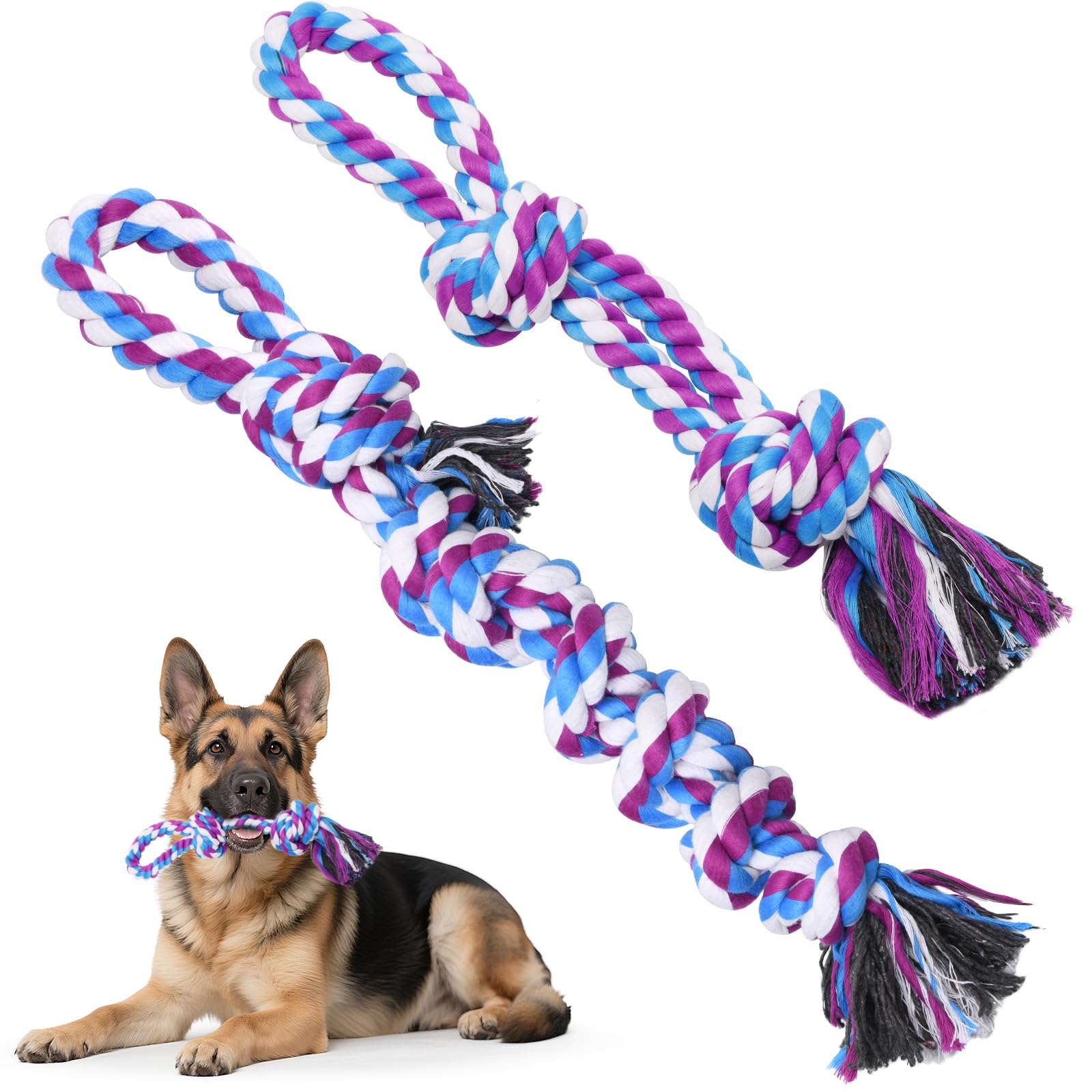 LOOBANI dog rope toys two-pack in action for tug-of-war and chewing.