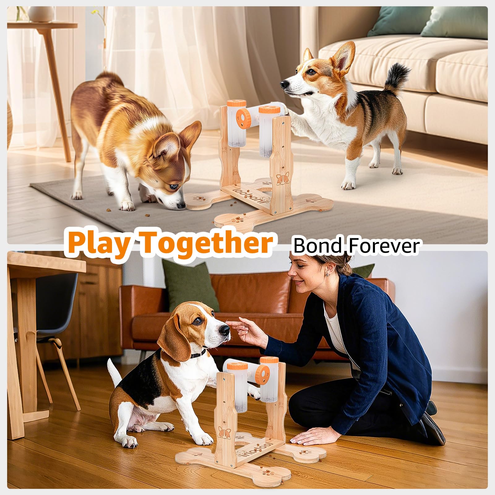 Loobani dog slow-feeder interaction with three bottles.