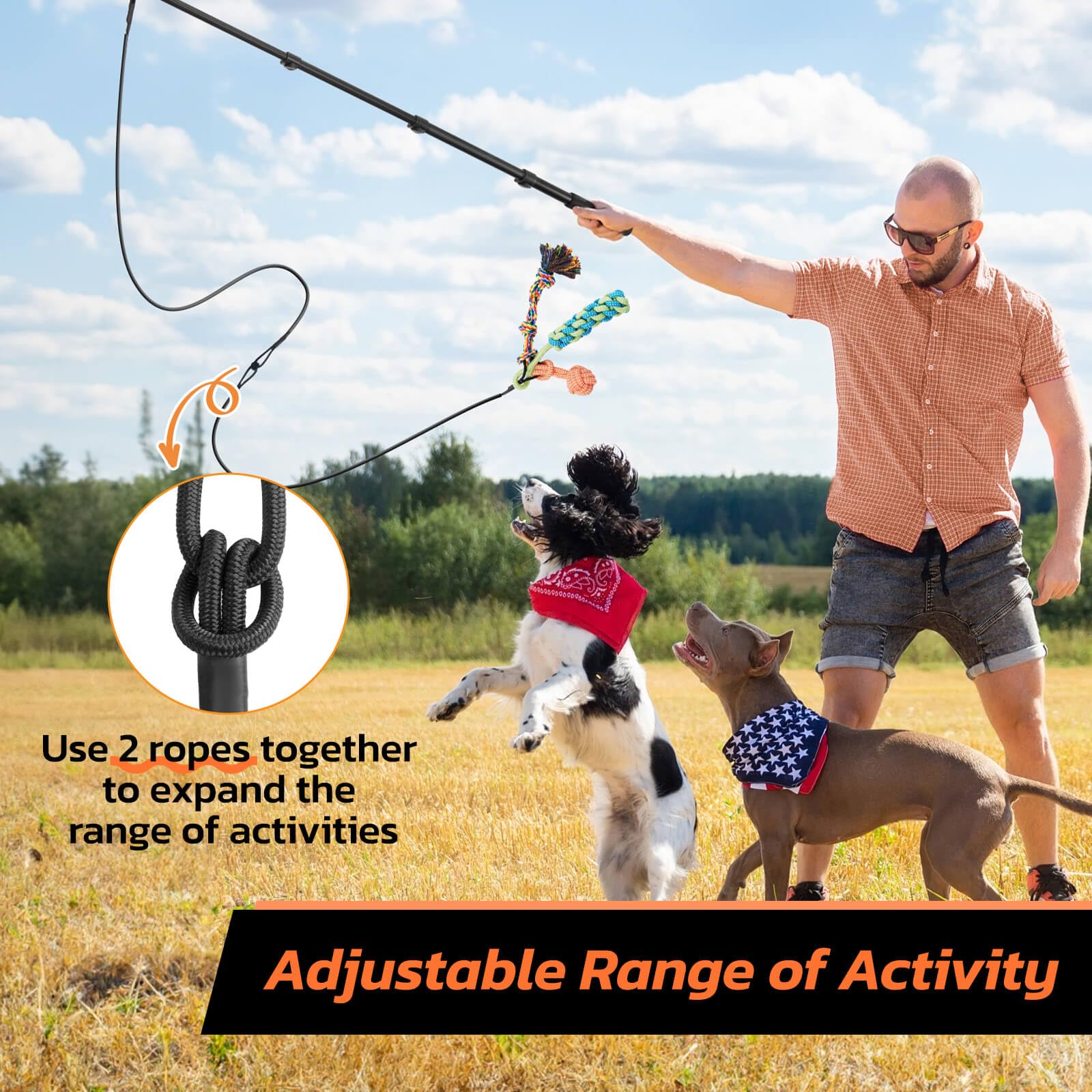 LOOBANI Flirt Pole telescopic extension features easy height adjustments for different dogs.