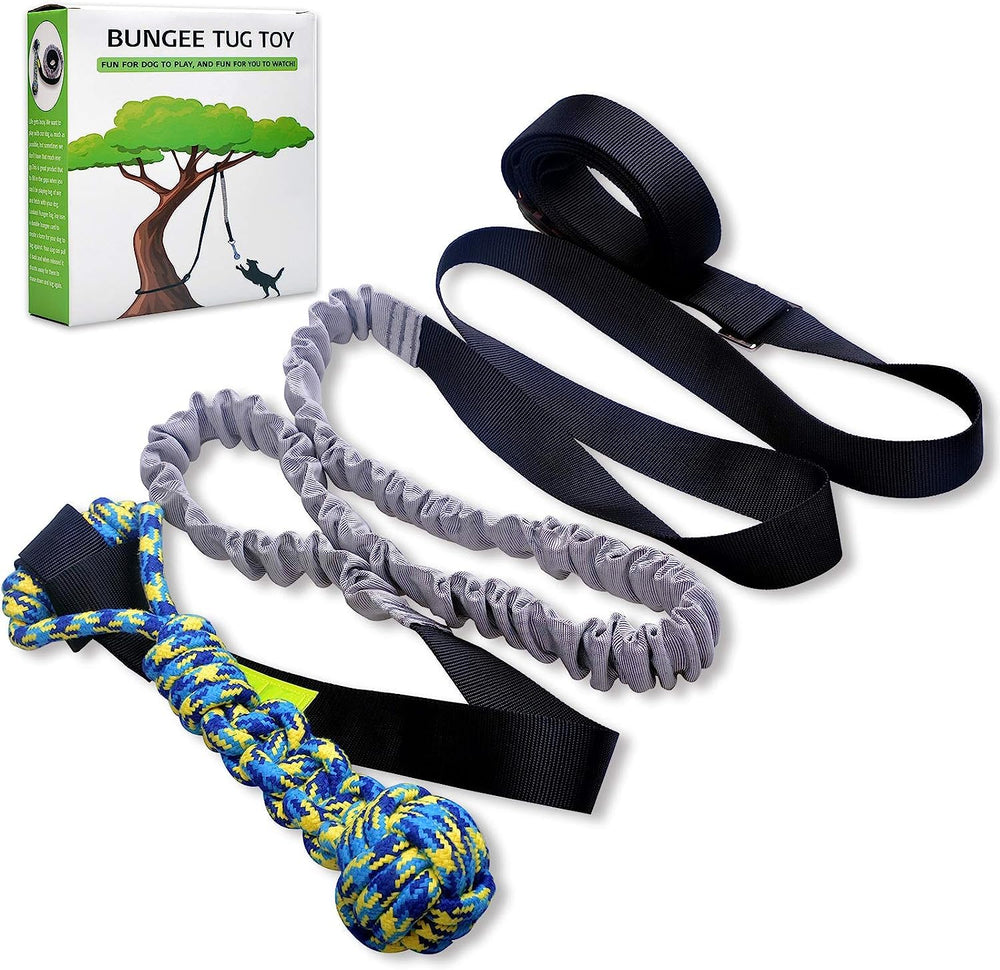 LOOBANI Outdoor Bungee Tug Toy hanging from a tree enables energetic play.