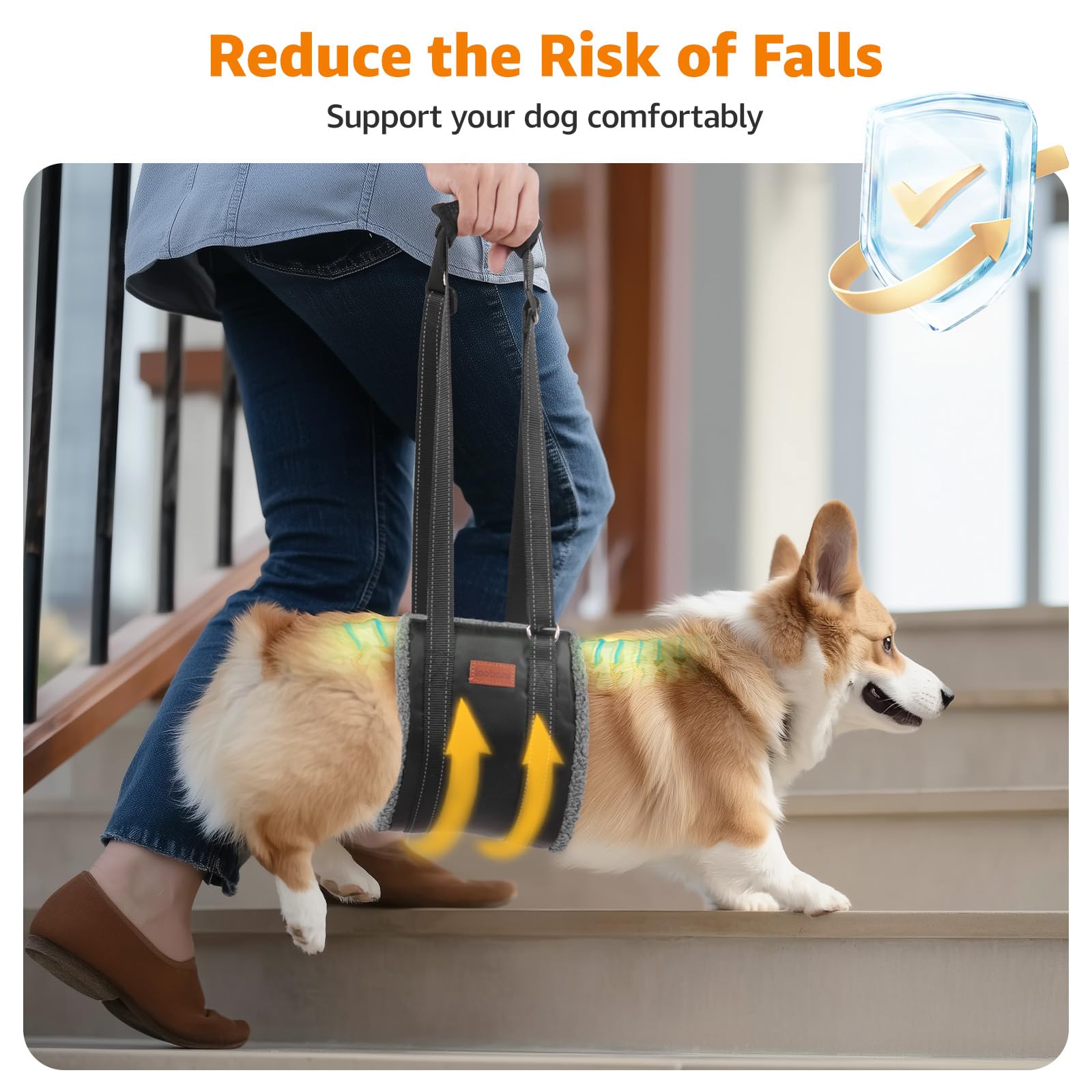 LOOBANI portable dog sling adjustment diagram shows customizable fit for varying sizes