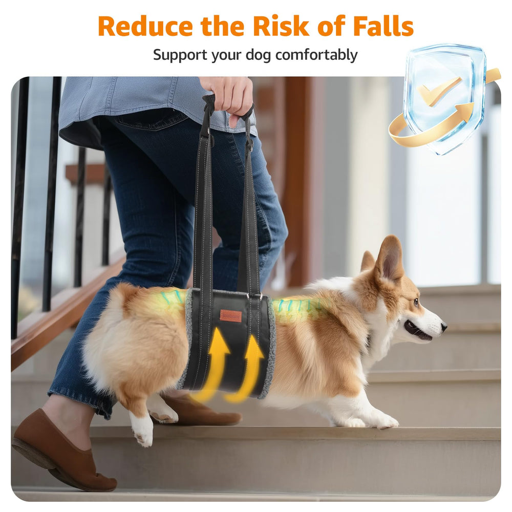 LOOBANI portable dog sling adjustment diagram shows customizable fit for varying sizes