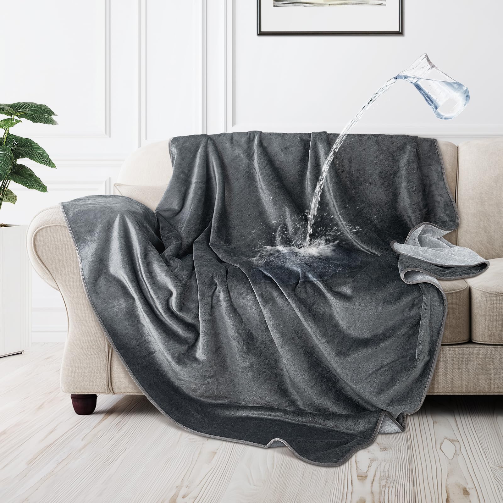 LOOBANI waterproof dog blanket on couch in grey, protects furniture from spills.