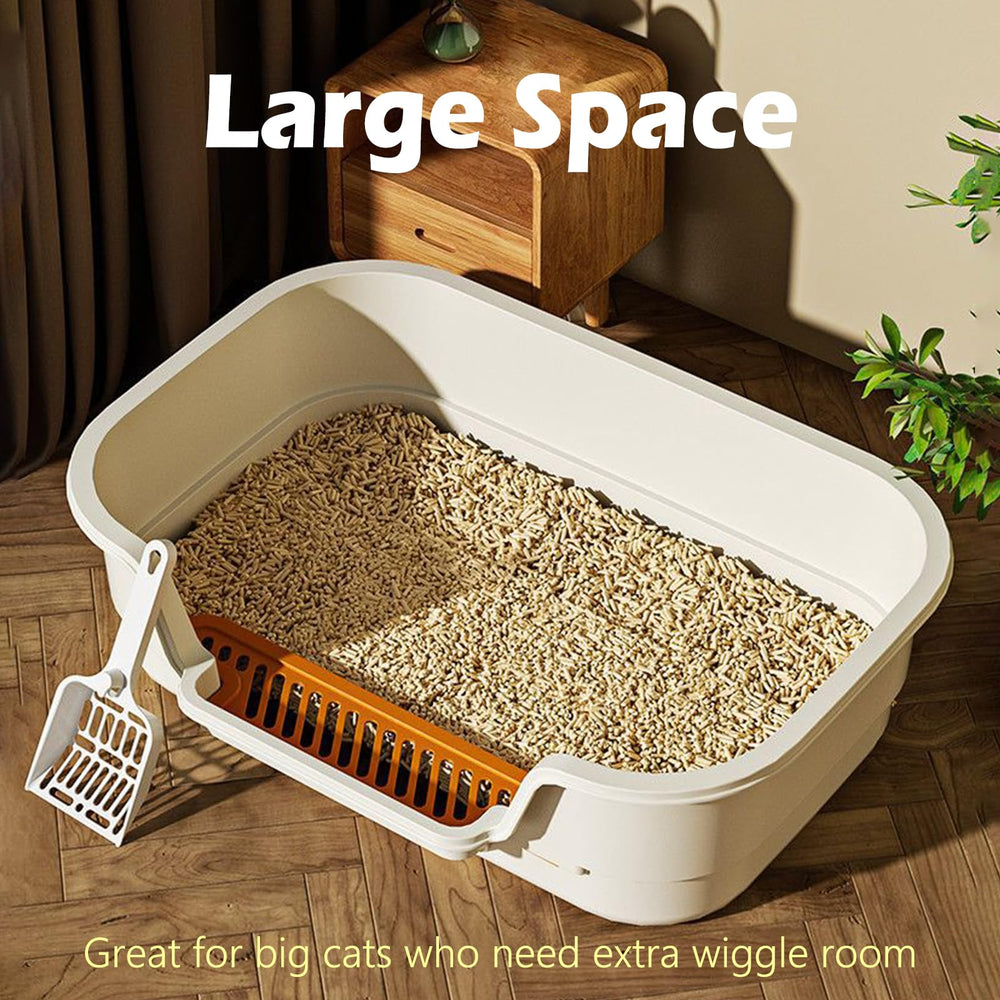 LoopTime Extea large cat litter box shows anti-diffusion design to minimize litter mess.