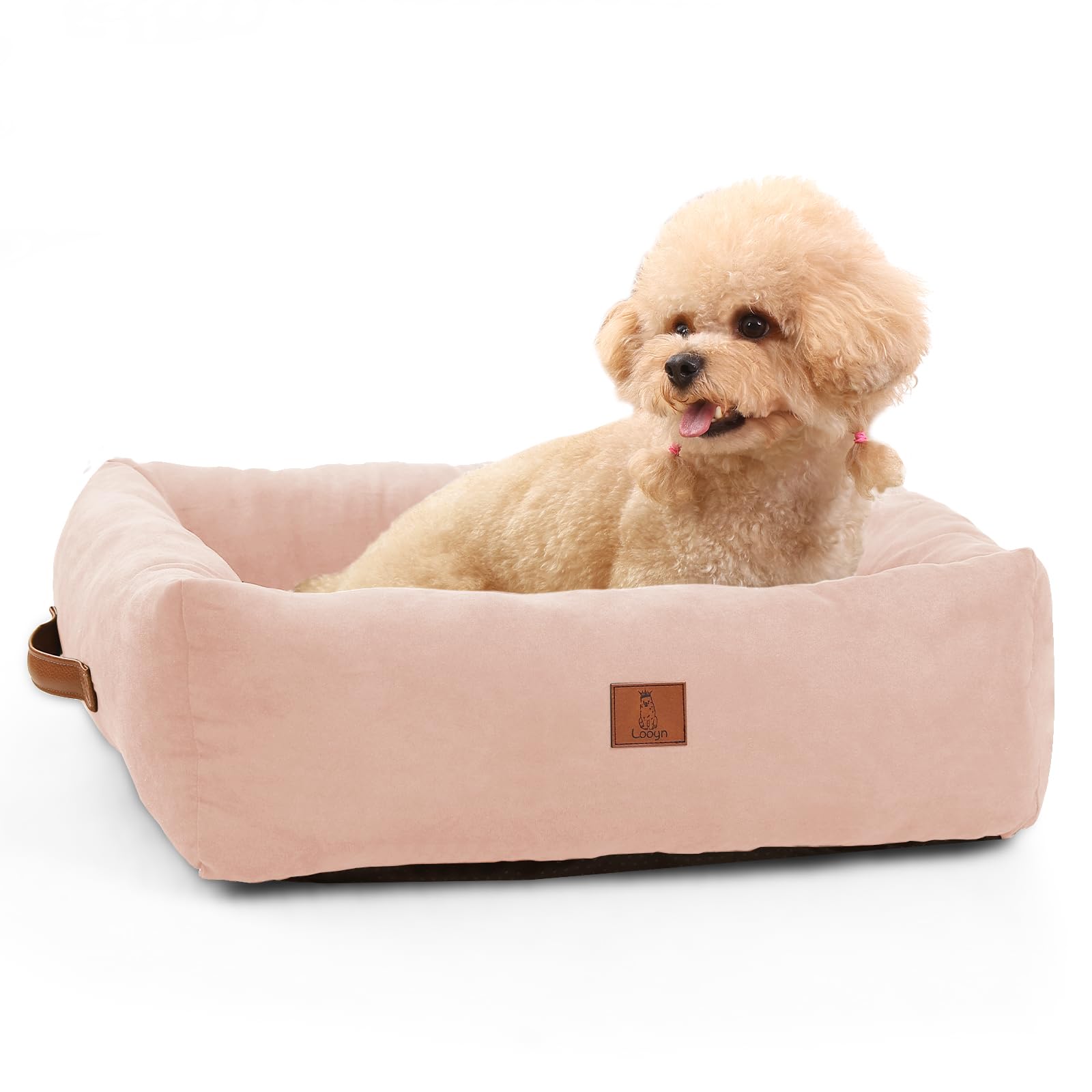 Looyn 25in dog bed side view in pink highlighting cozy support for small dogs.