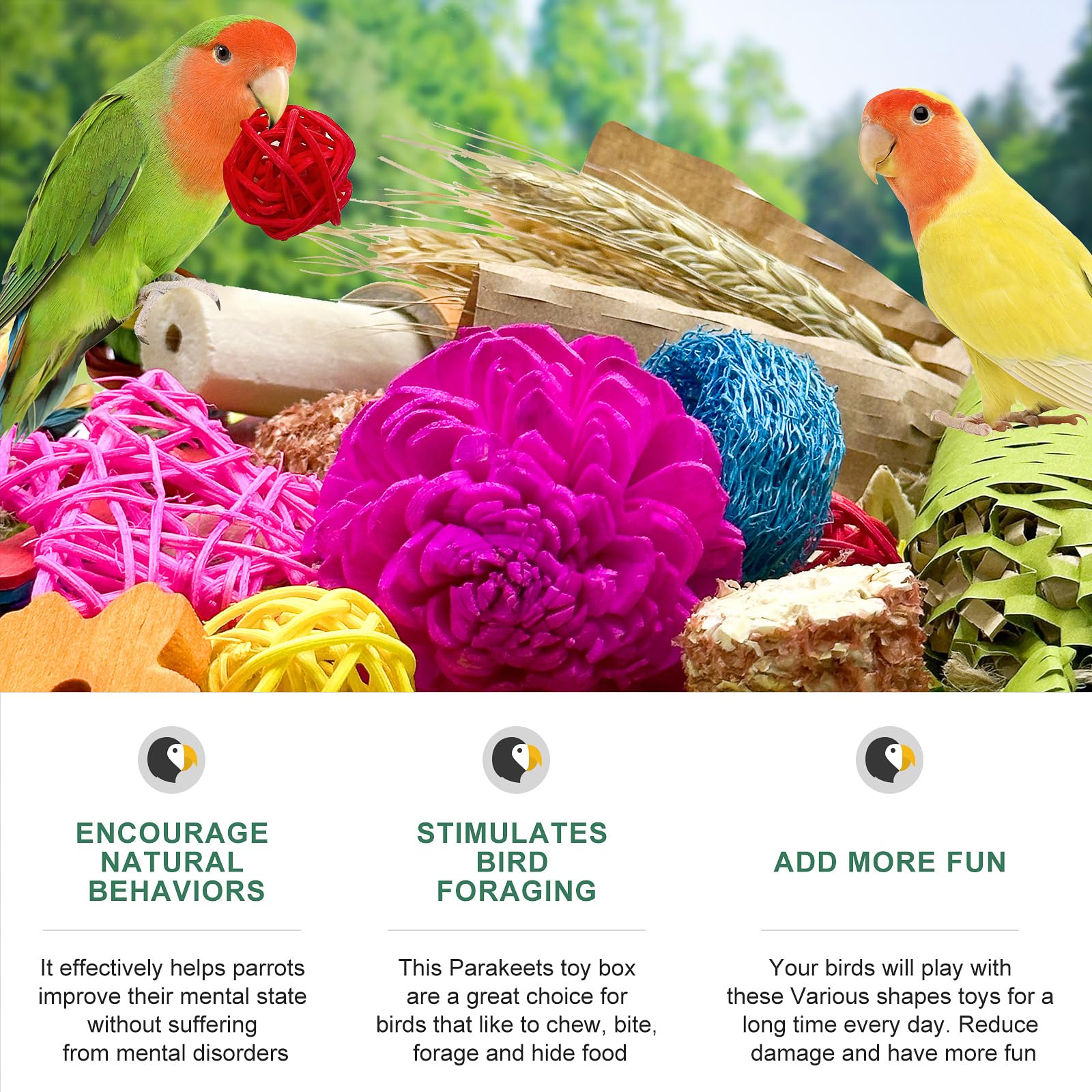 Loperdeve bird enjoying toy demonstrates engaging long-lasting activity.