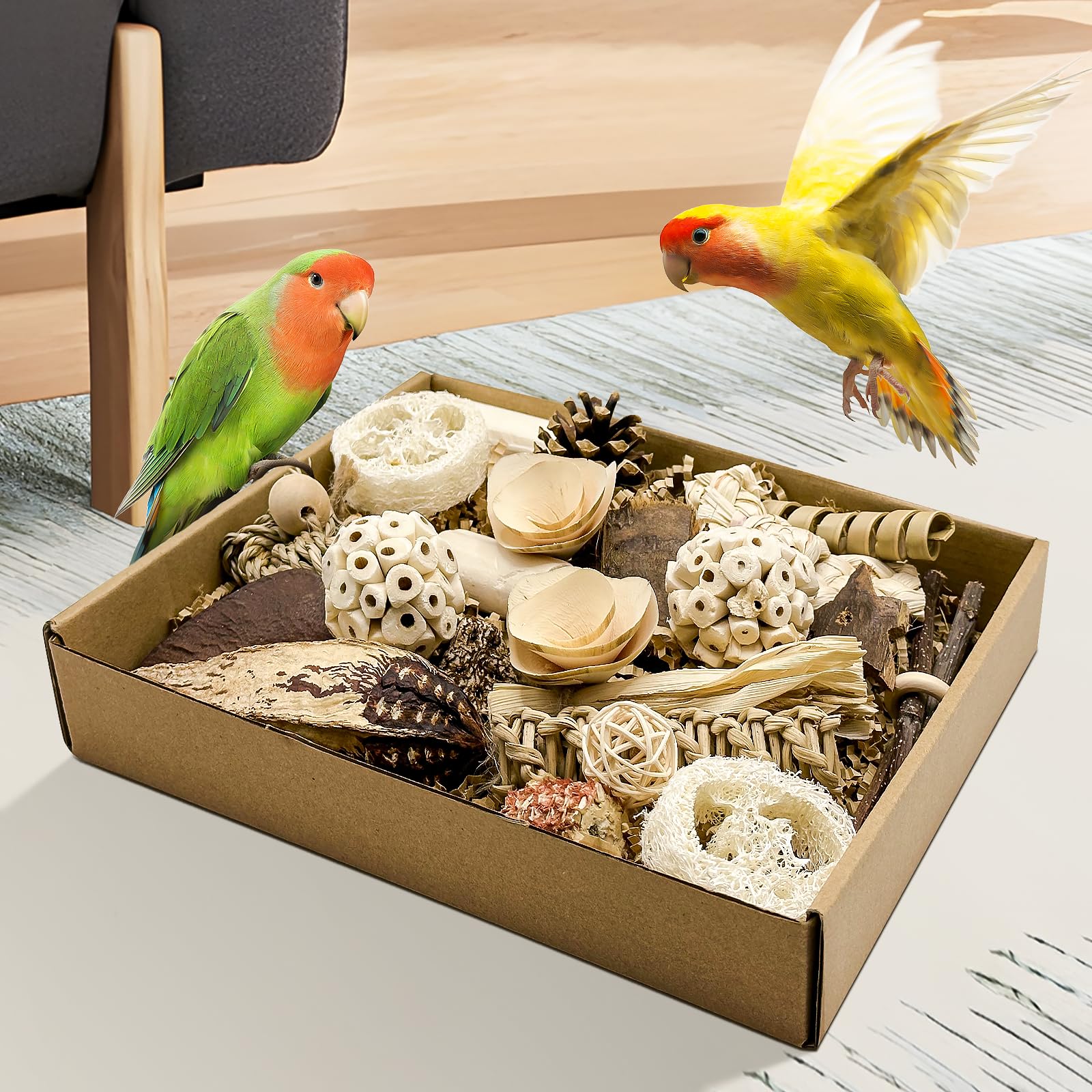 LOPERDEVE natural bird toy box open shows treasure-filled foraging play.