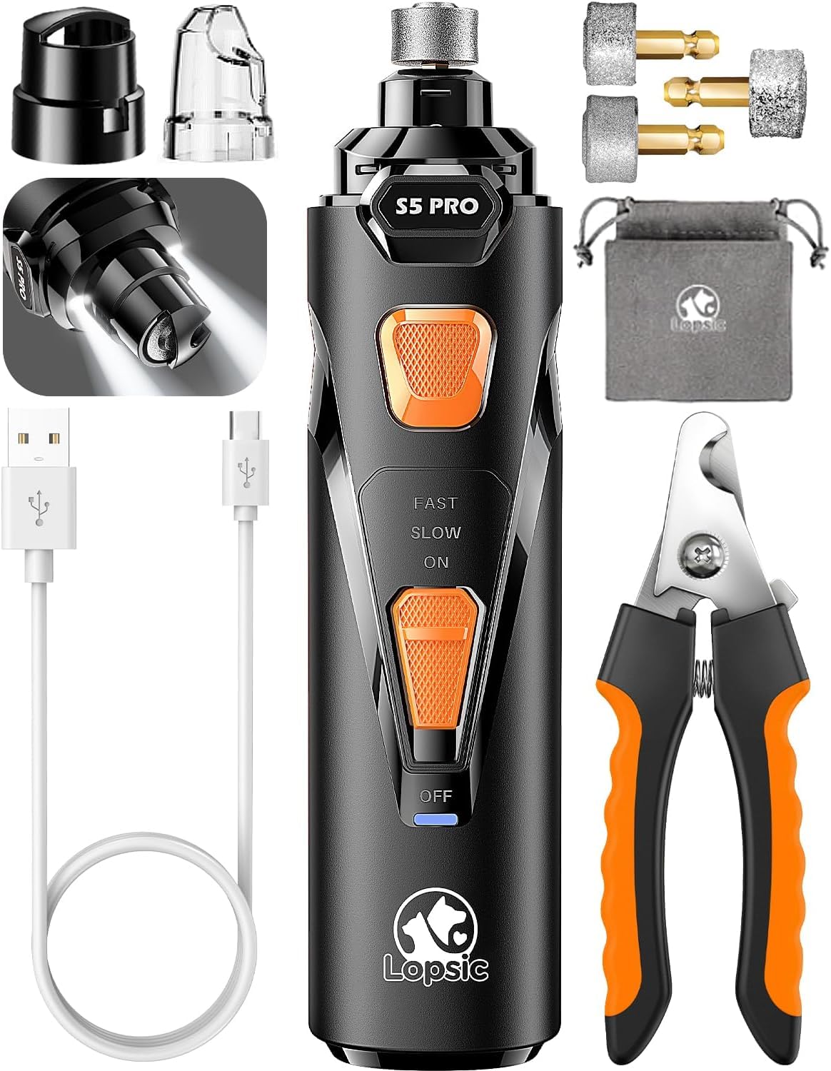 LOPSIC dog nail grinder with 2 LED lights for precise at home trimming