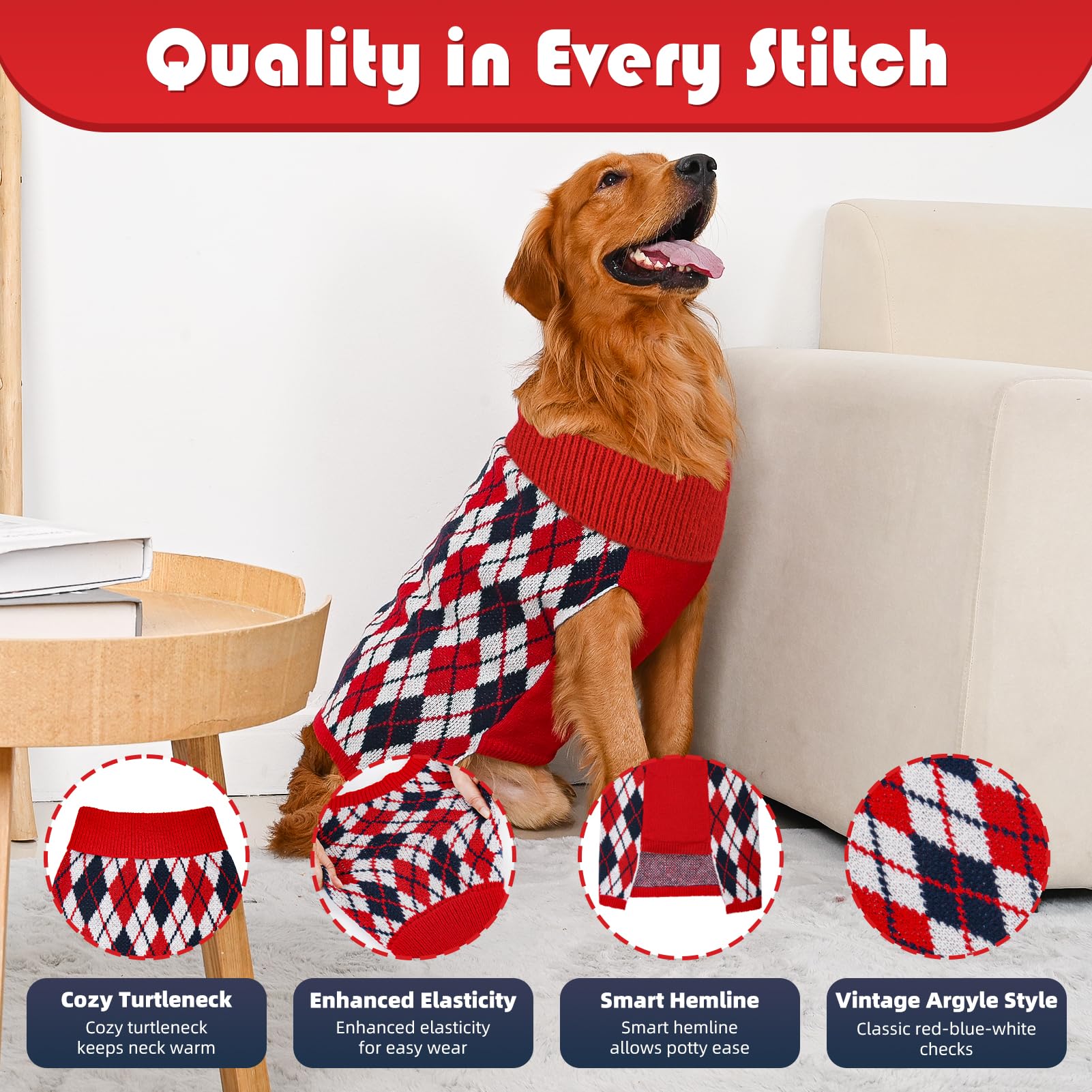 Lorehelina dog sweater plaid knit back view shows cozy coverage.