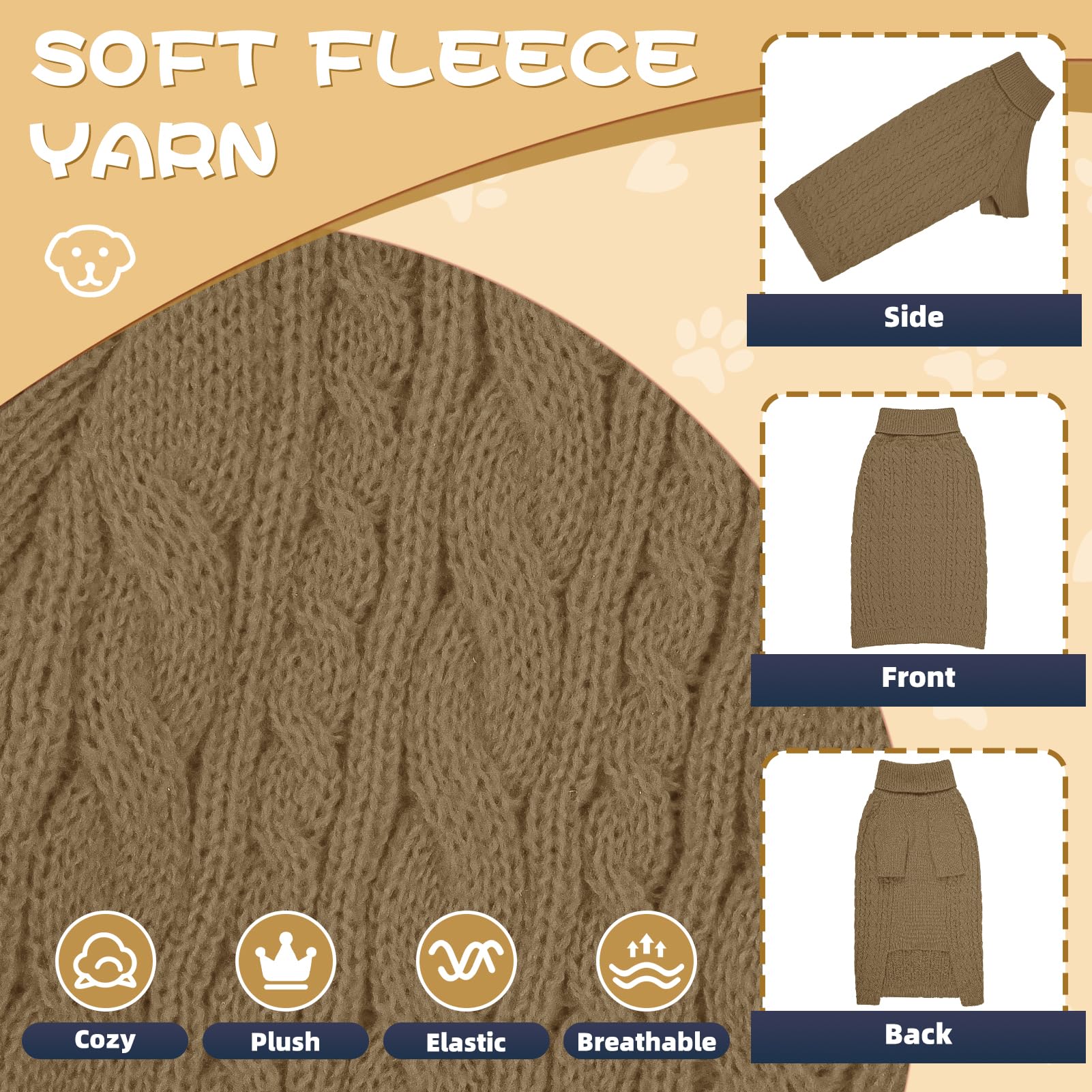 Lorehelina dog sweater turtleneck back view highlights full sleeves for extra warmth.