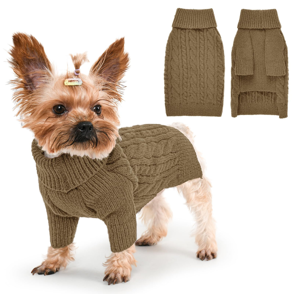 Lorehelina dog sweater turtleneck brown front view shows cozy warmth for small breeds