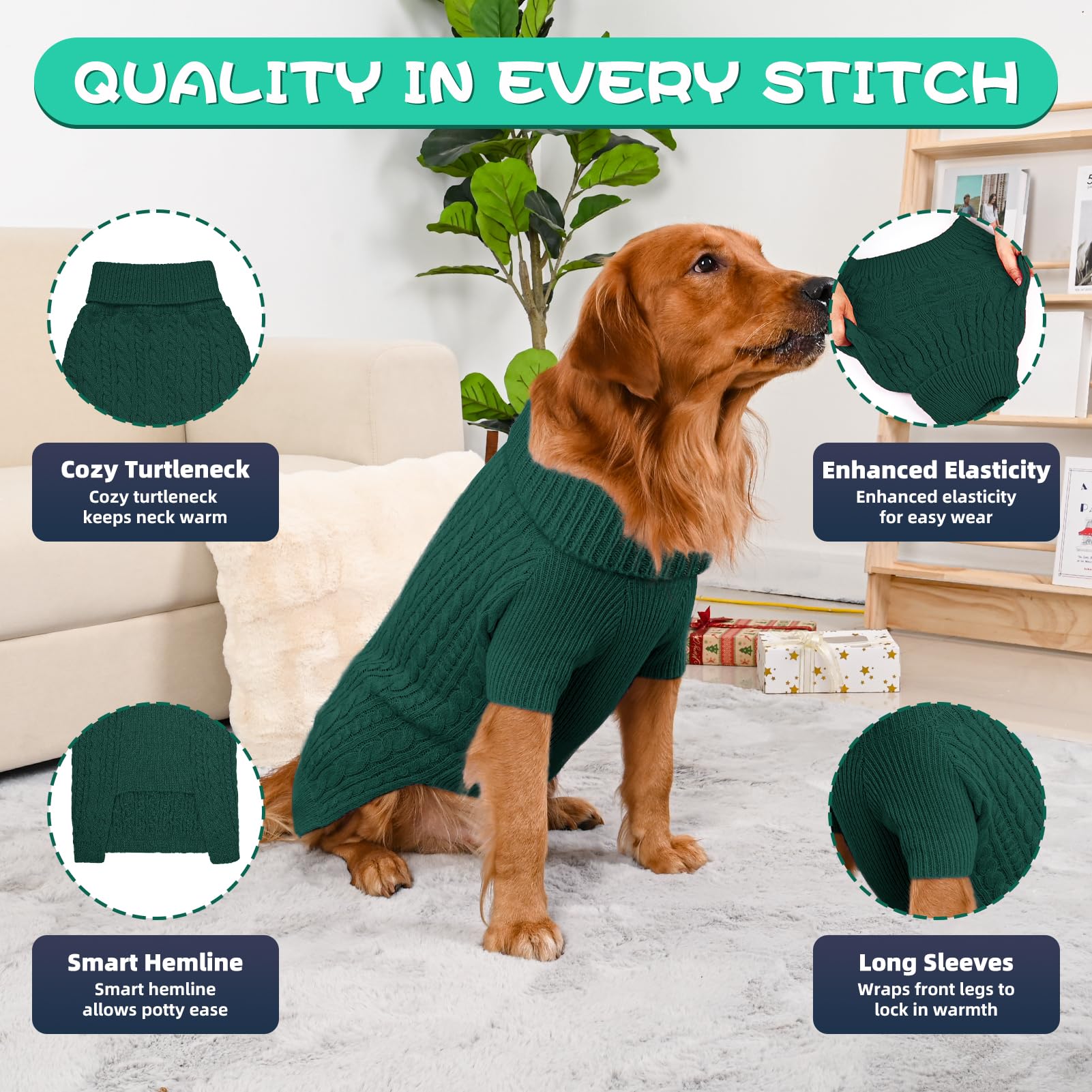 Lorehelina dog sweater green side view demonstrates comfortable stretch for active dogs