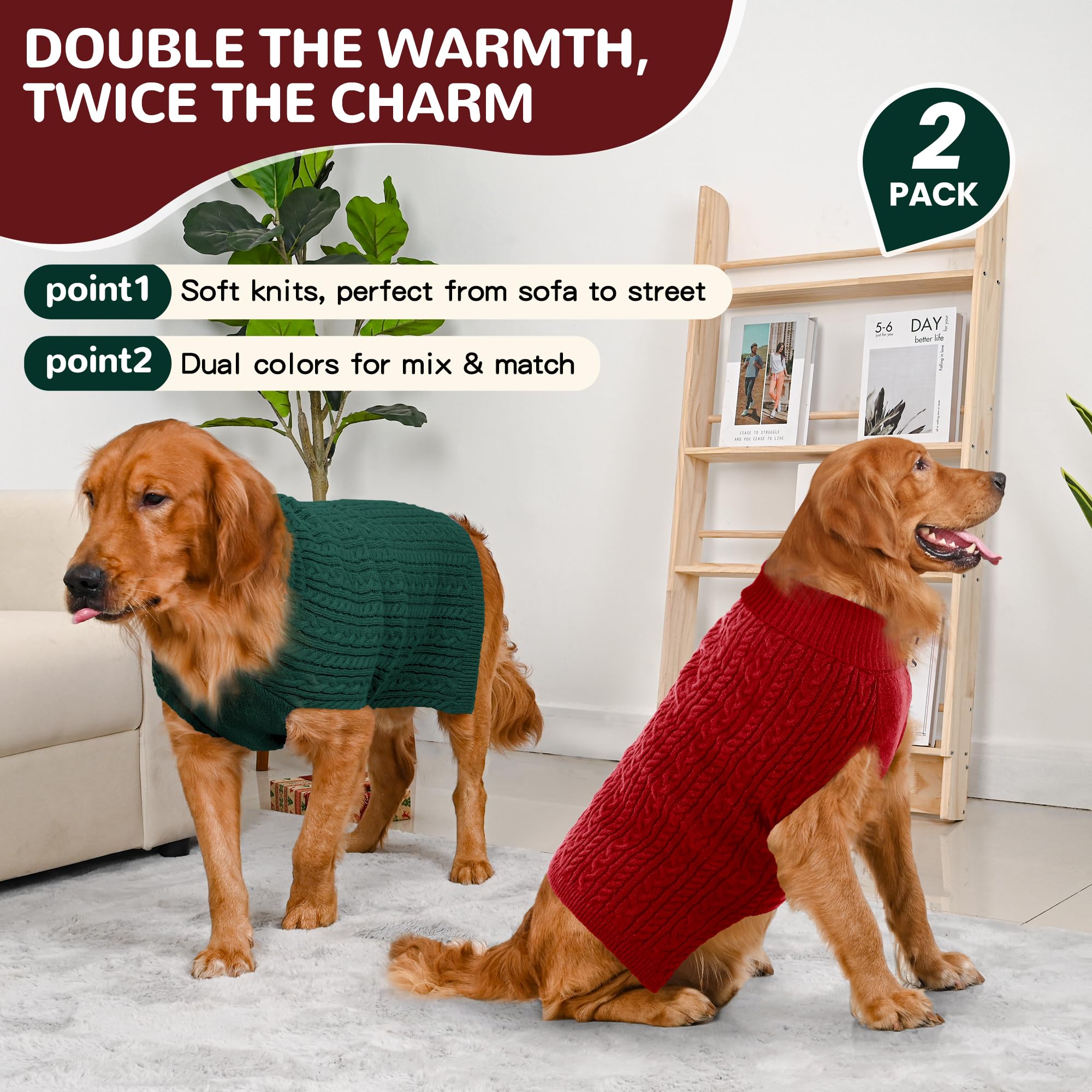 Lorehelina dog sweaters XL red green back view showing full coverage