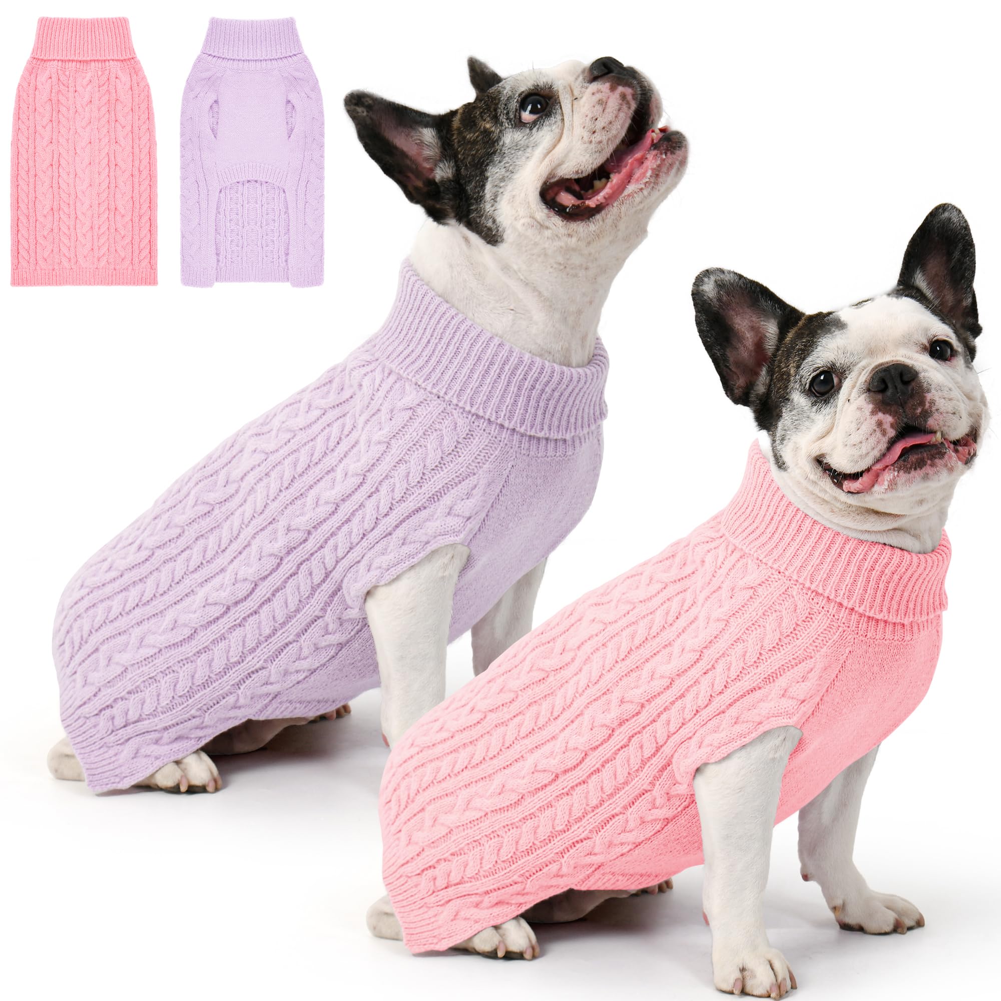 Lorehelina two-pack dog sweaters in pink and purple, cozy winter warmth for medium breeds.