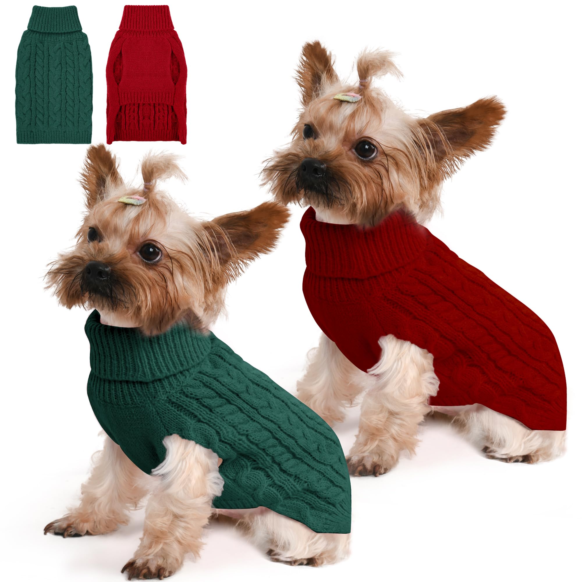 Lorehelina two-pack dog sweaters front view in red and green for festive outings