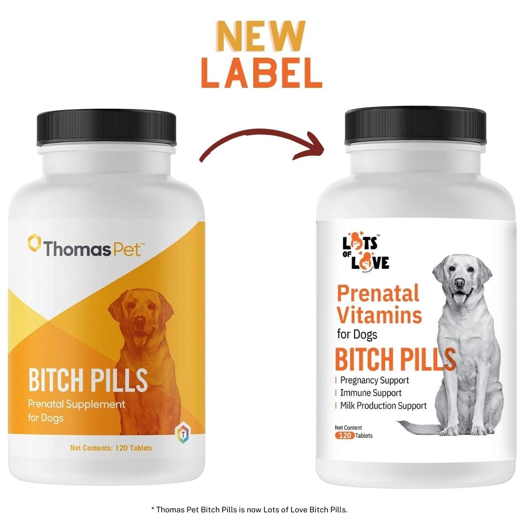 Lots of Love Bitch Pills bottle label, easy access to daily prenatal dog vitamins and lactation support.