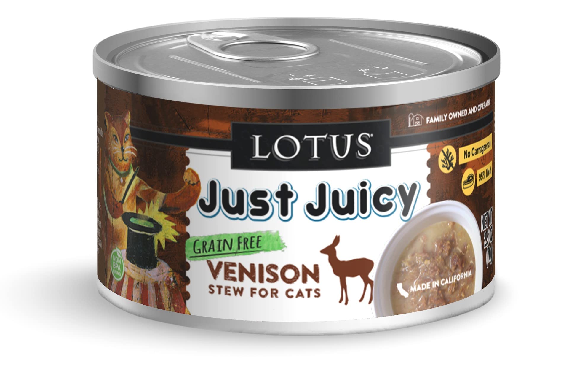 Lotus Just Juicy Venison Stew can in a 24-pack; protein-rich cat meal.