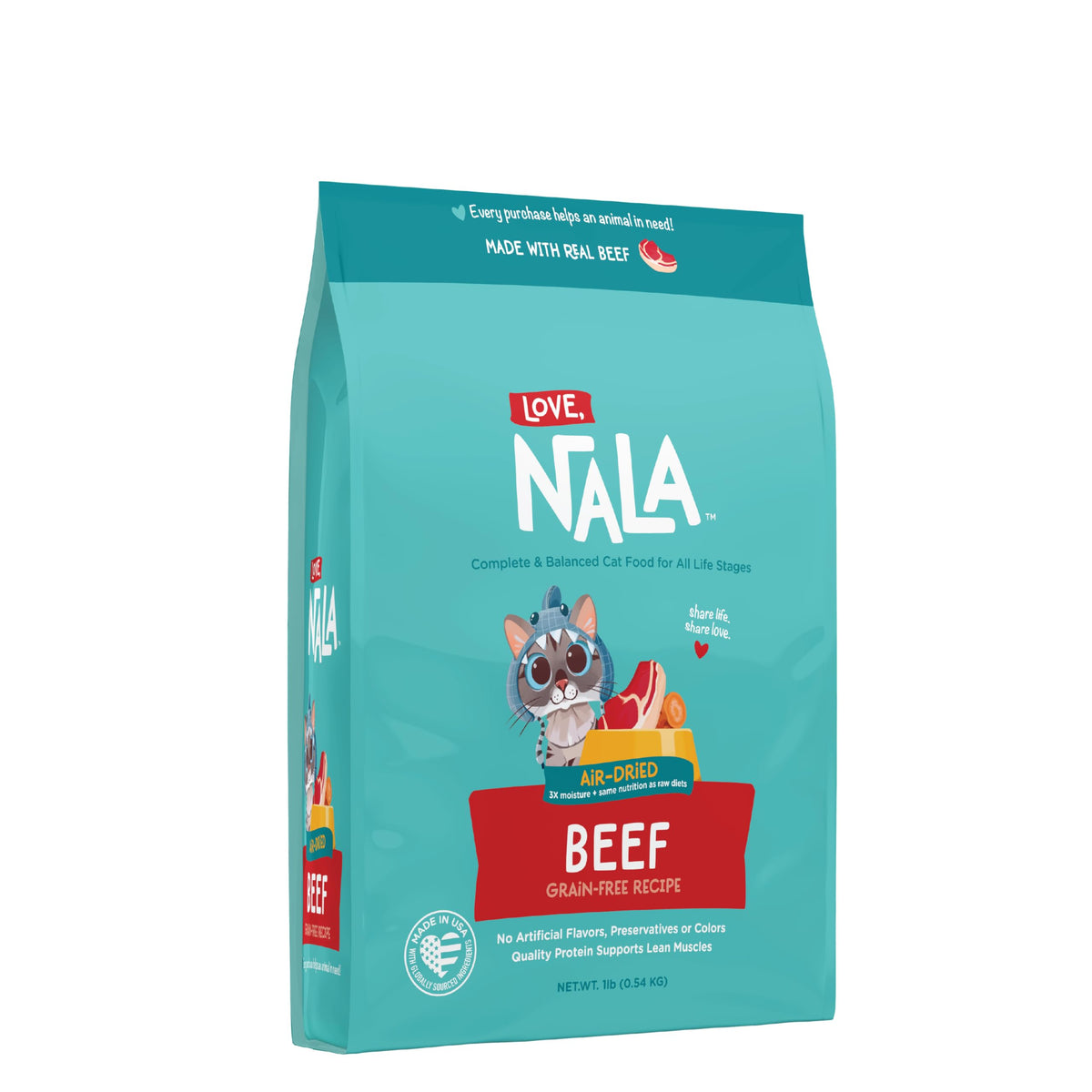 Love NALA beef air-dried cat food bag delivers premium nutrition for all life stages