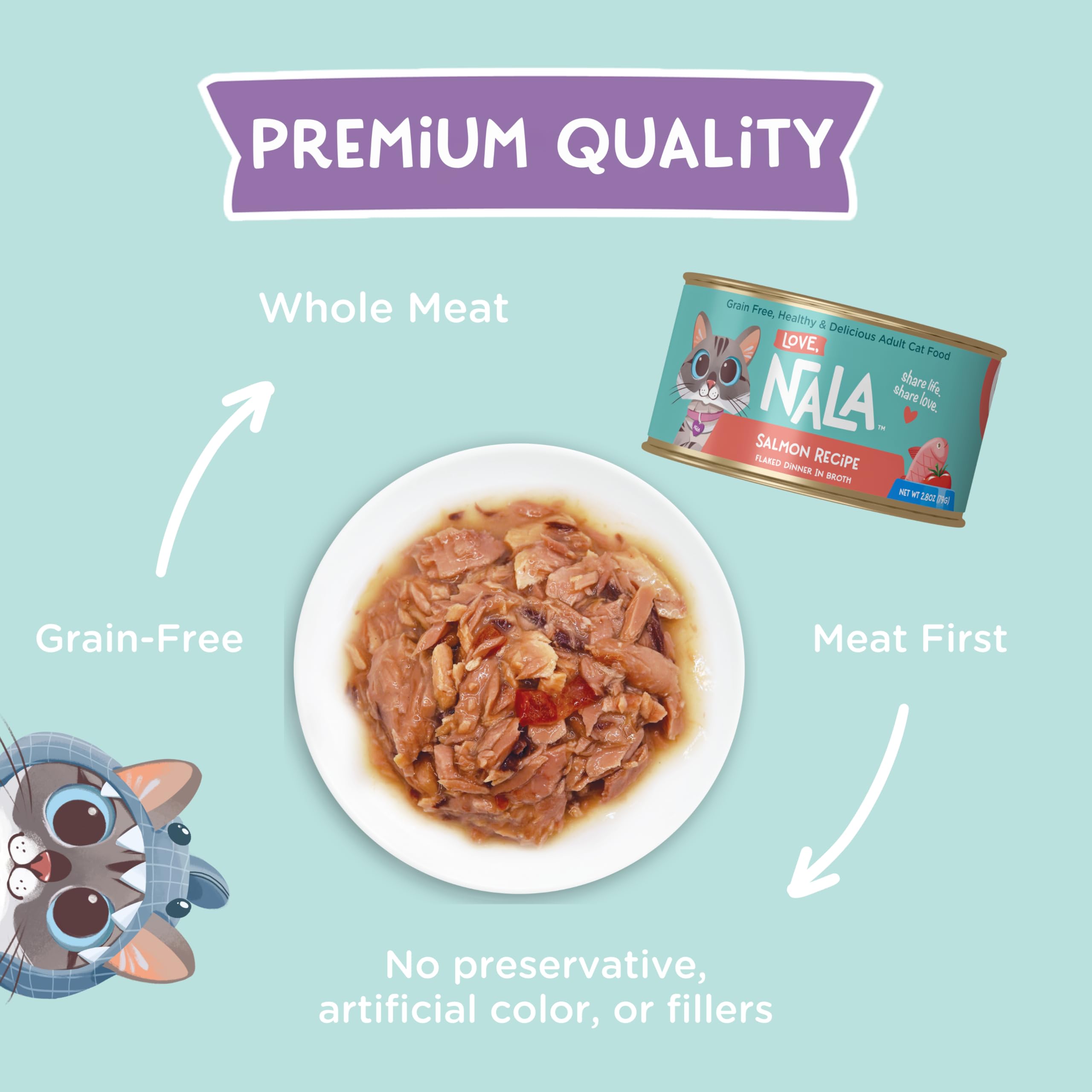 Love NALA grain-free salmon in-broth image emphasizes grain-free nutrition