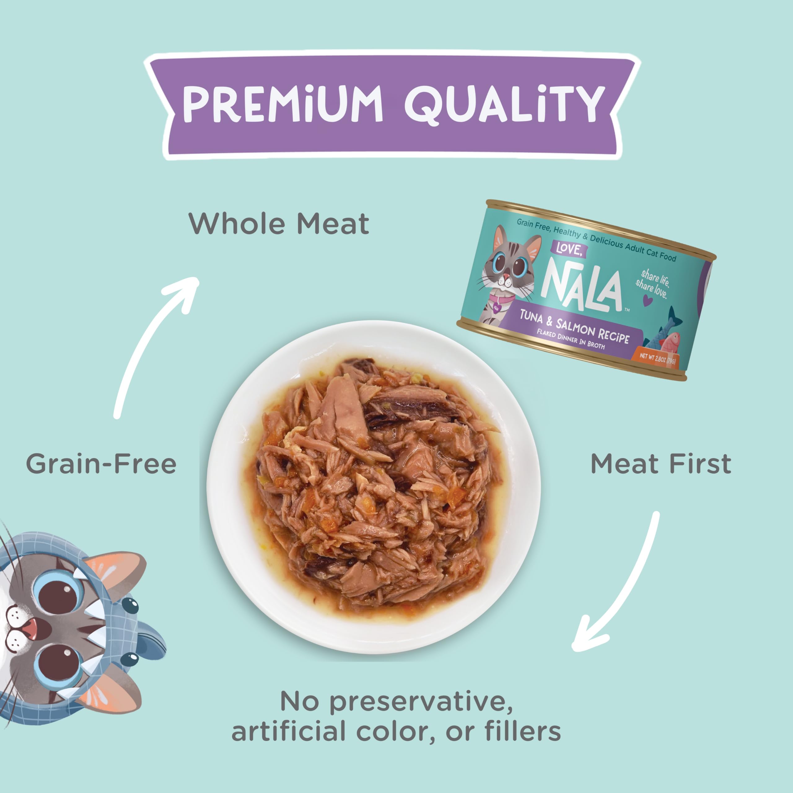 LOVE, NALA grain-free non-GMO ingredients image emphasizes wholesome nutrition without grains.
