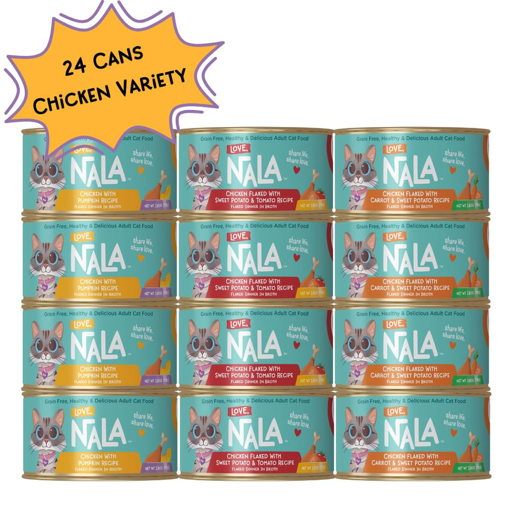 LOVE, NALA tuna-salmon flakes image demonstrates grain-free nutrition for gentle digestion.