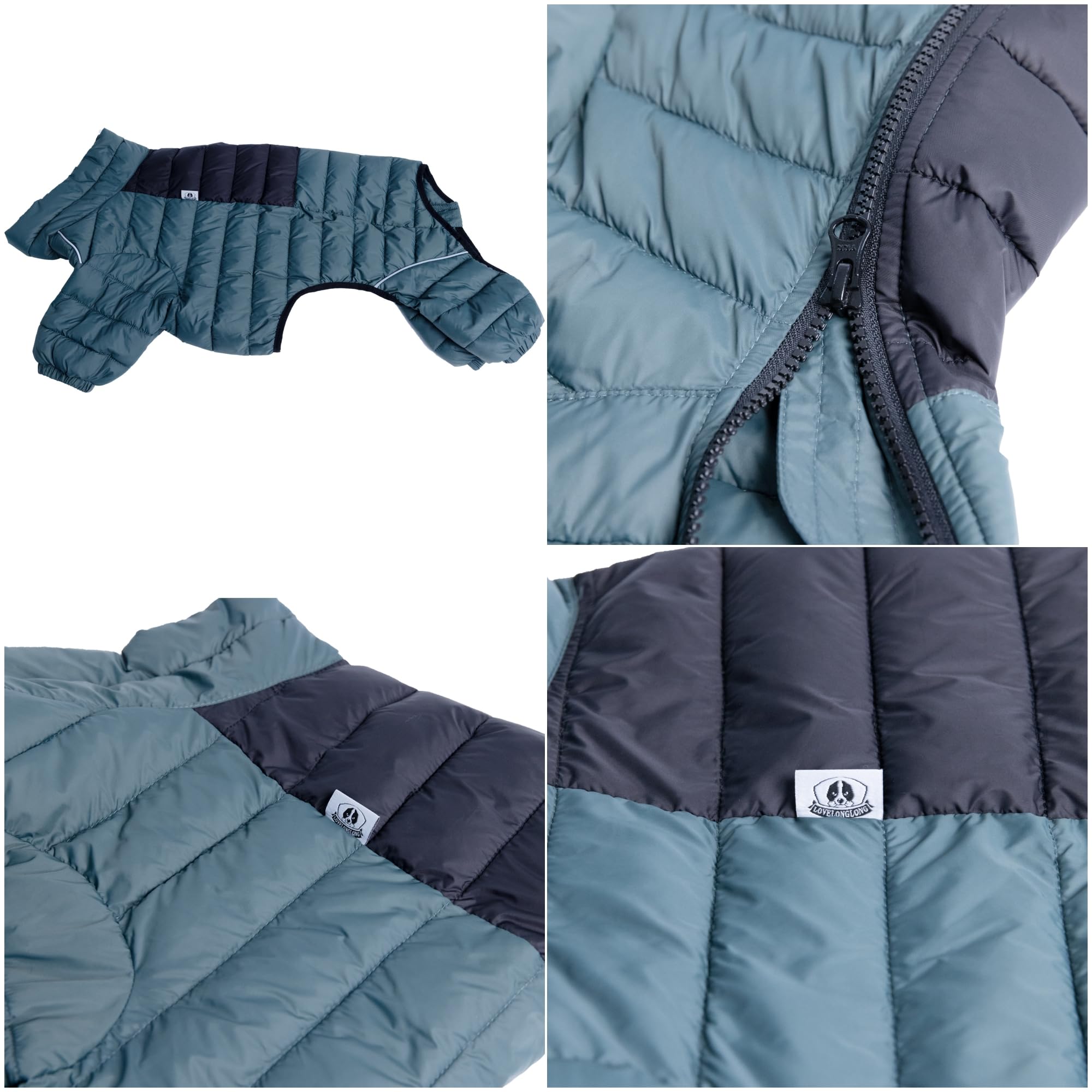 Lovelonglong ArmyGreen Dog Jacket back view shows reflective strip for nighttime visibility.