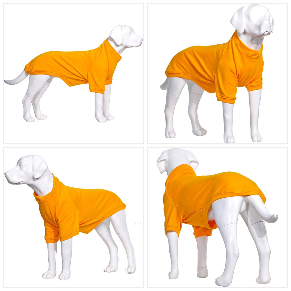 Lovelonglong dog pullover orange worn by a dog shows warmth
