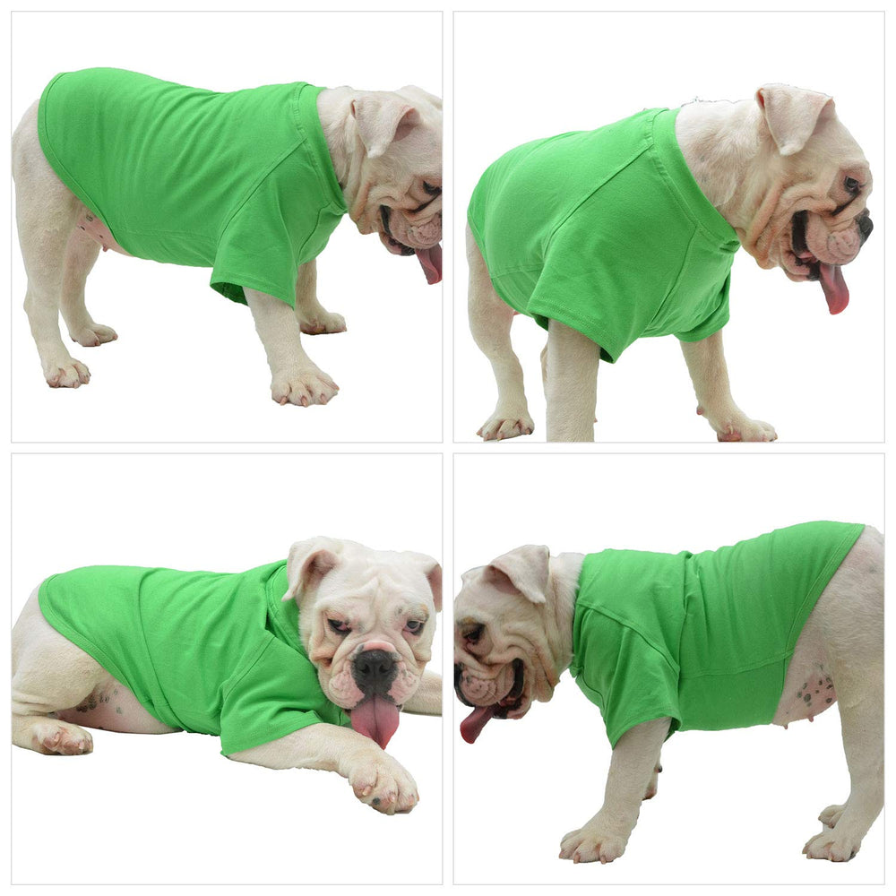Lovelonglong-pet-clothing-green-tshirt-closeup easy-care design for tidy dogs.