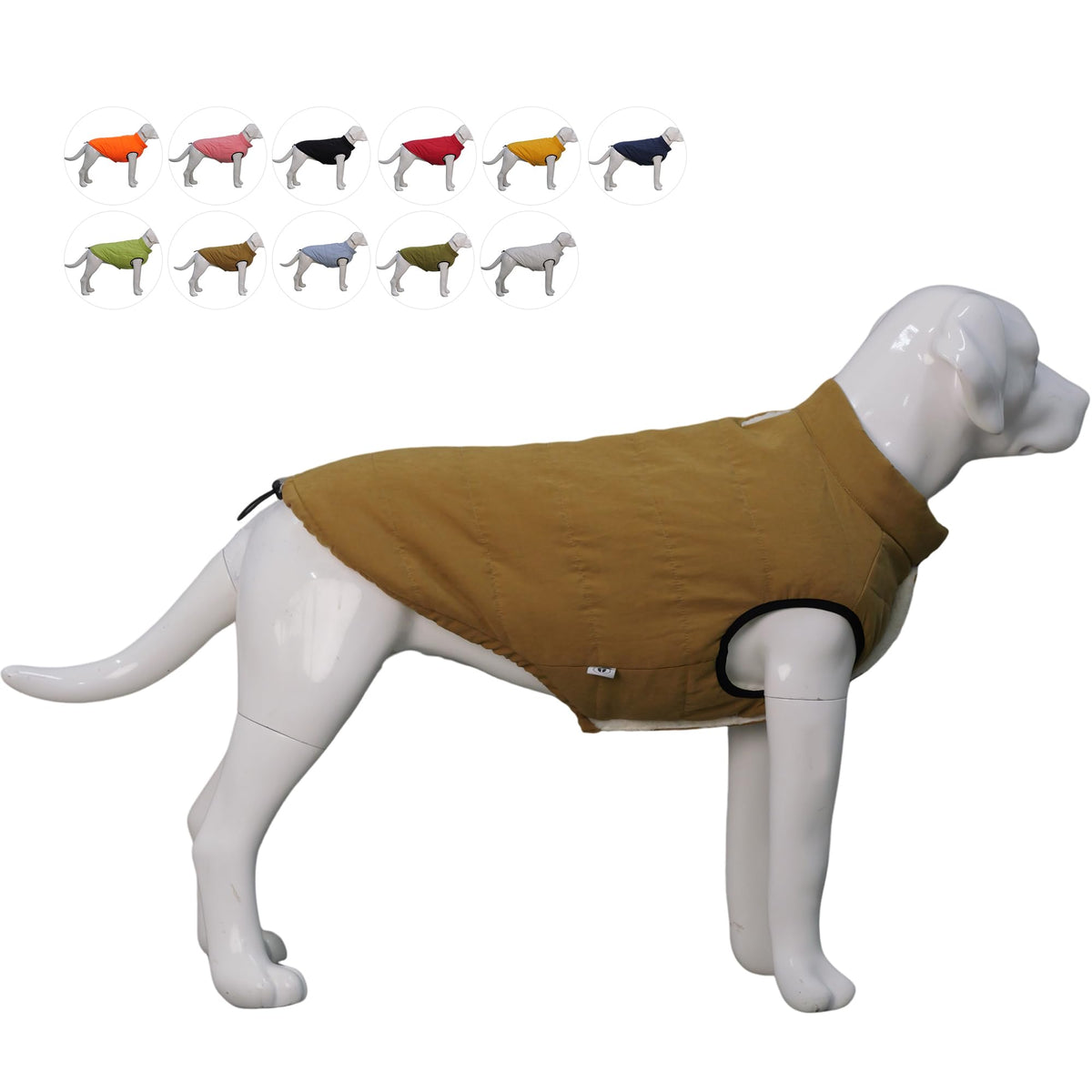 Lovelonglong dog vest coffee front view showcases cozy warmth for winter walks.