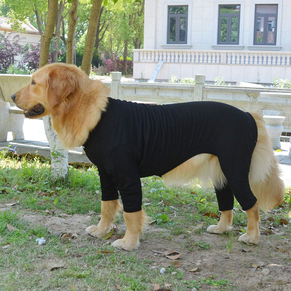 Lovelonglong four feet dog pajamas back view demonstrates flexible movement.