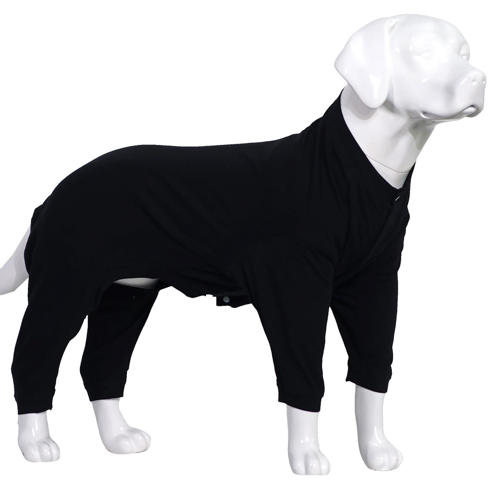 Lovelonglong four-feet dog pajamas worn on a dog for tidier indoor fur
