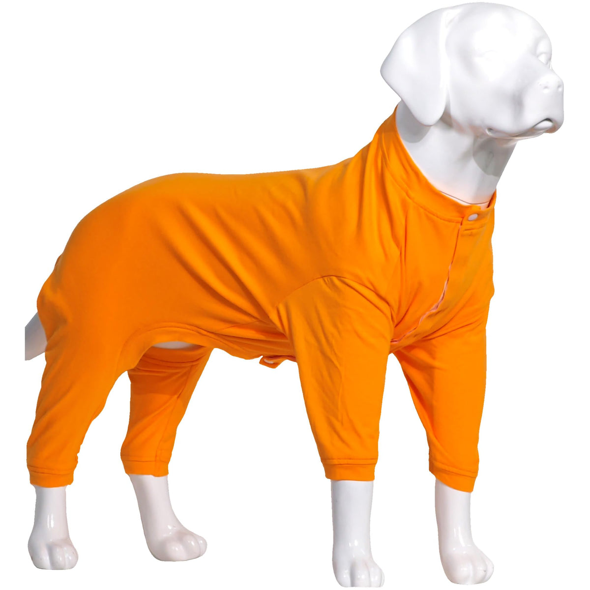 Lovelonglong Four Feet Dog Pajamas orange front-view helps keep fur tidy during walks.