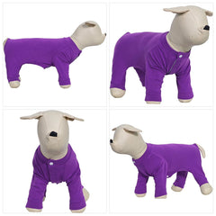 Lovelonglong four-feet dog pajamas purple back view demonstrates full-body coverage for mess reduction