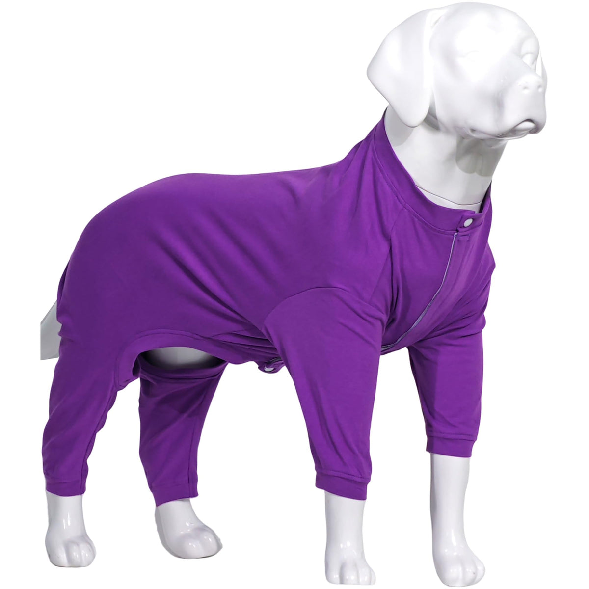 Lovelonglong four-feet dog pajamas purple front view show tidy fur containment for cleaner indoor spaces