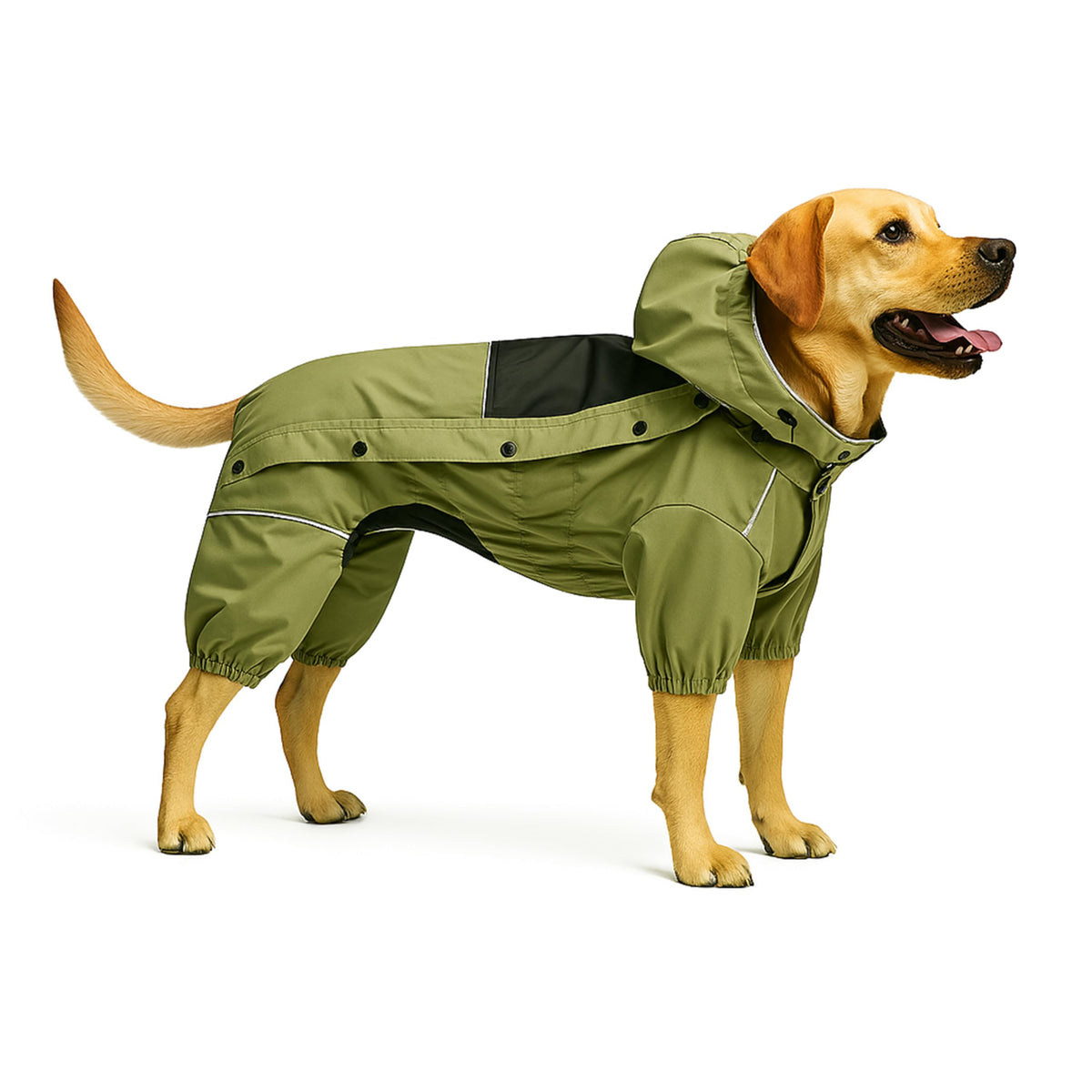 Lovelonglong green fleece-lined dog raincoat provides full-body warmth for winter walks.