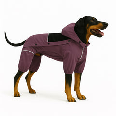 Lovelonglong raincoat plum xxs on dog keeps him dry in rain.