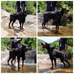 Lovelonglong chest-adjustable raincoat provides snug comfortable fit for active dogs.