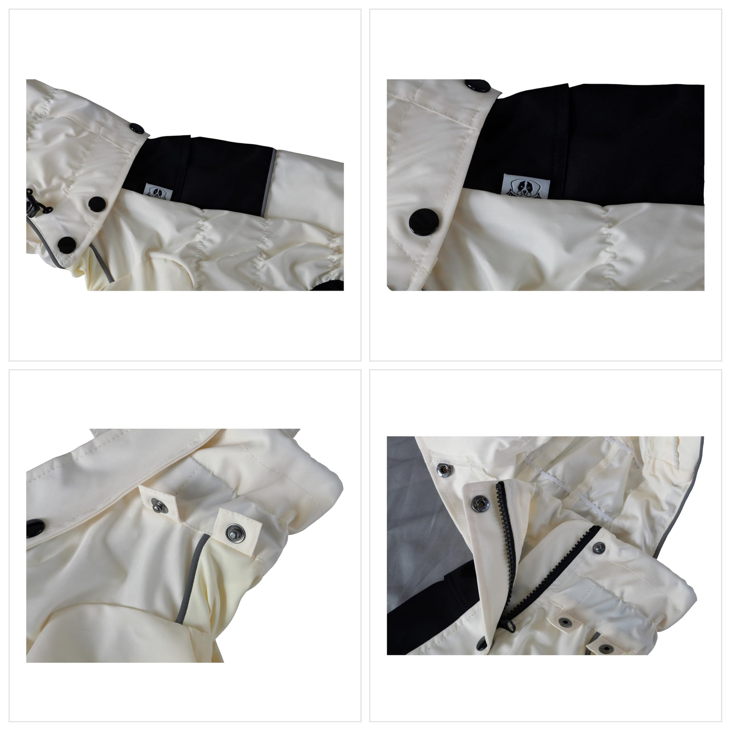 Lovelonglong dog raincoat close-up of removable hood in action.
