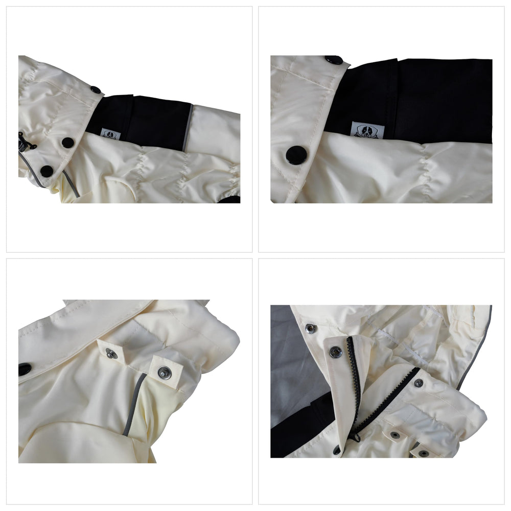 Lovelonglong dog raincoat close-up of removable hood in action.
