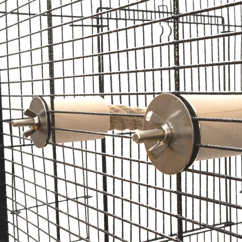 Lovely Little Flyers cage-layout view shows customizable perches to reduce boredom.