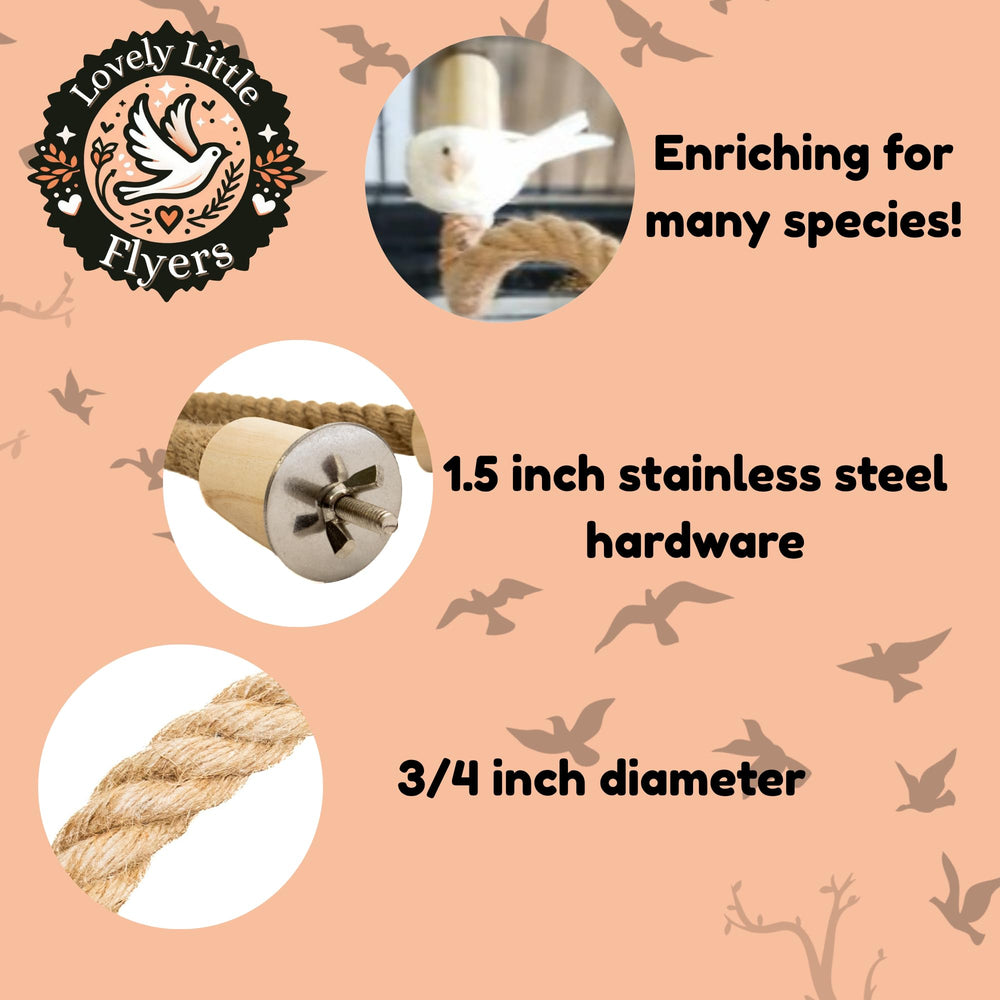 Lovely Little Flyers natural jute rope closeup shows soft, bird-safe material for resting.