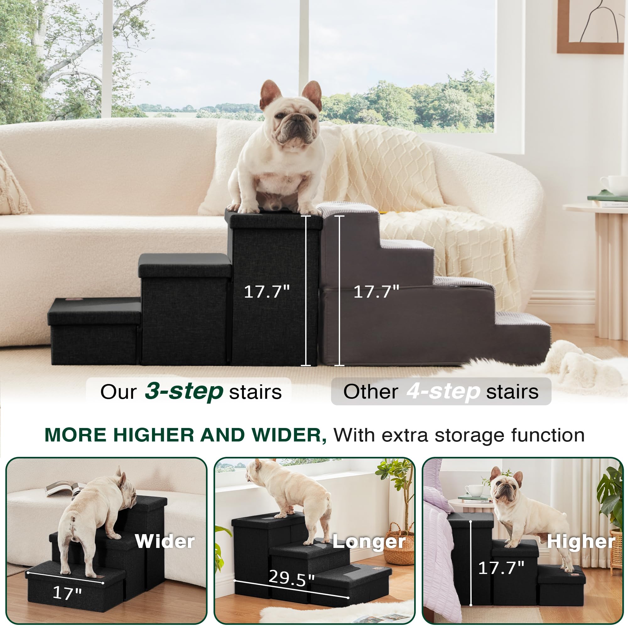 Love's Cabin 3-step setup highlights stable, roomy steps for pet confidence.