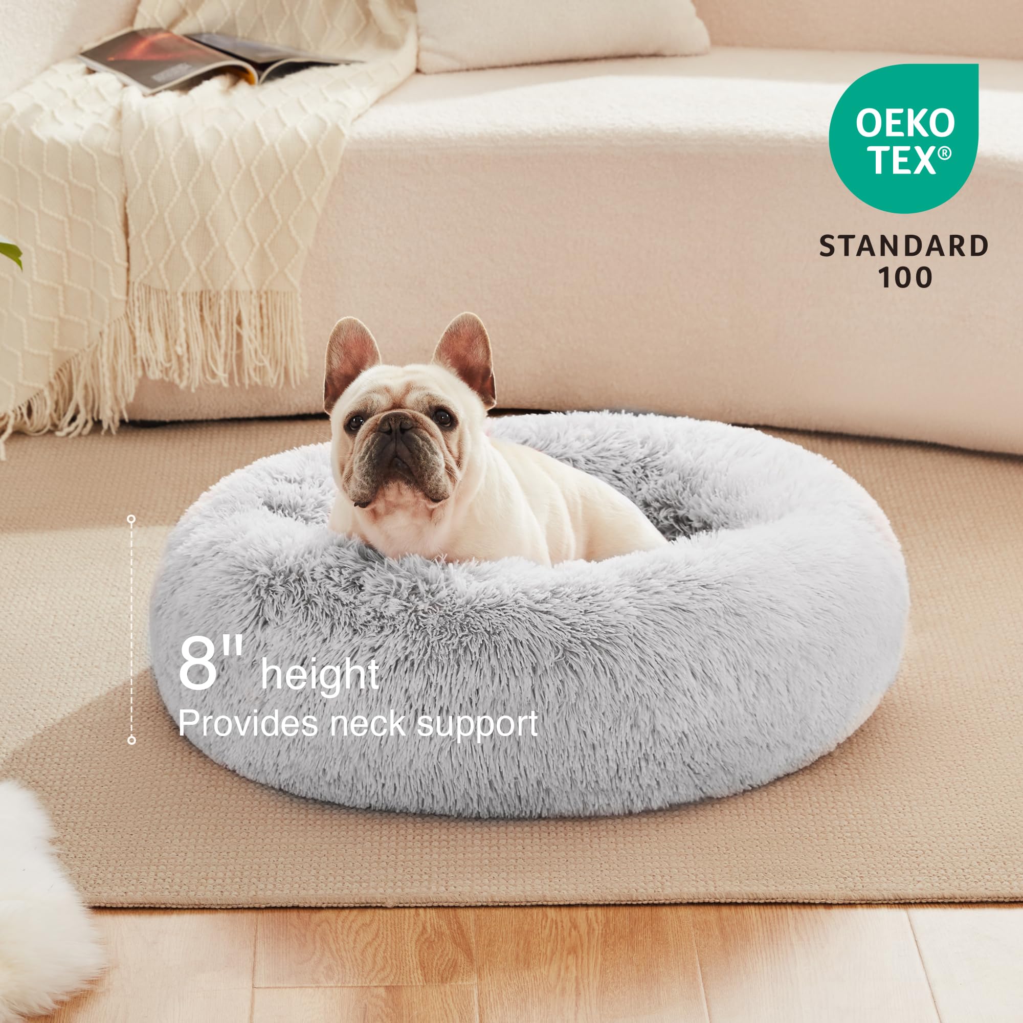 Love's cabin anti-anxiety donut dog bed in grey provides comfortable, elevated head and neck support.