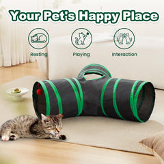 Love's cabin cat tunnel-ball-toy features a dangling ball to engage cats during play.